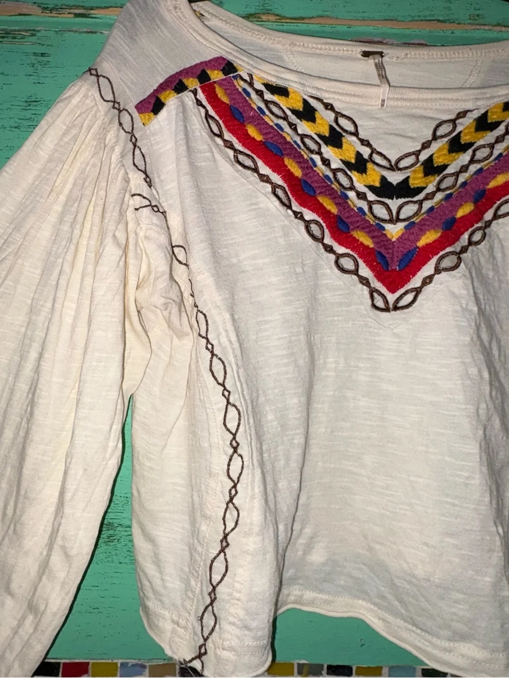 Boho Embroidered Ivory Women's Peasant Top